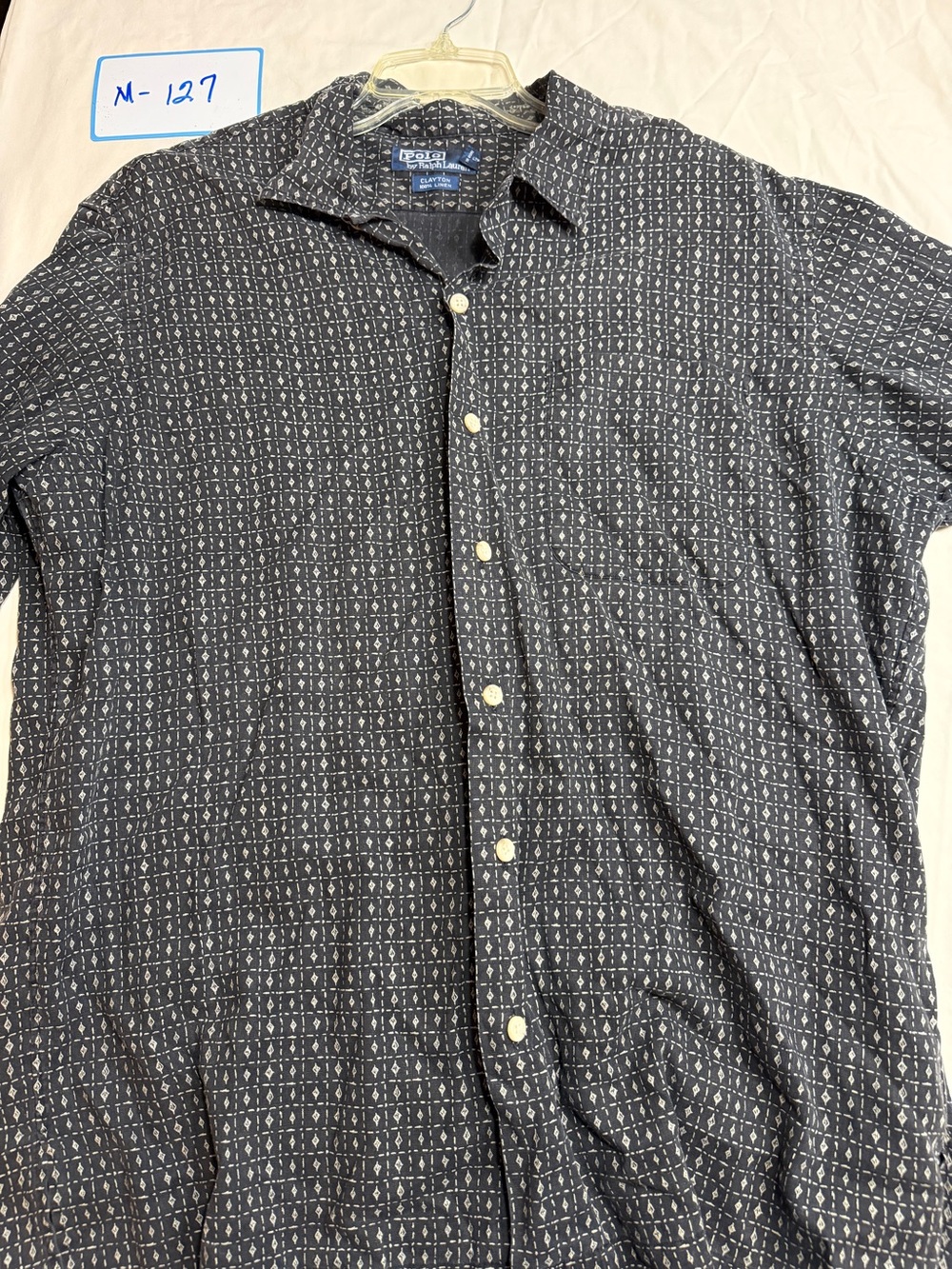 Vintage Ralph Lauren Men’s Navy Printed Short-Sleeve Button-Down Shirt